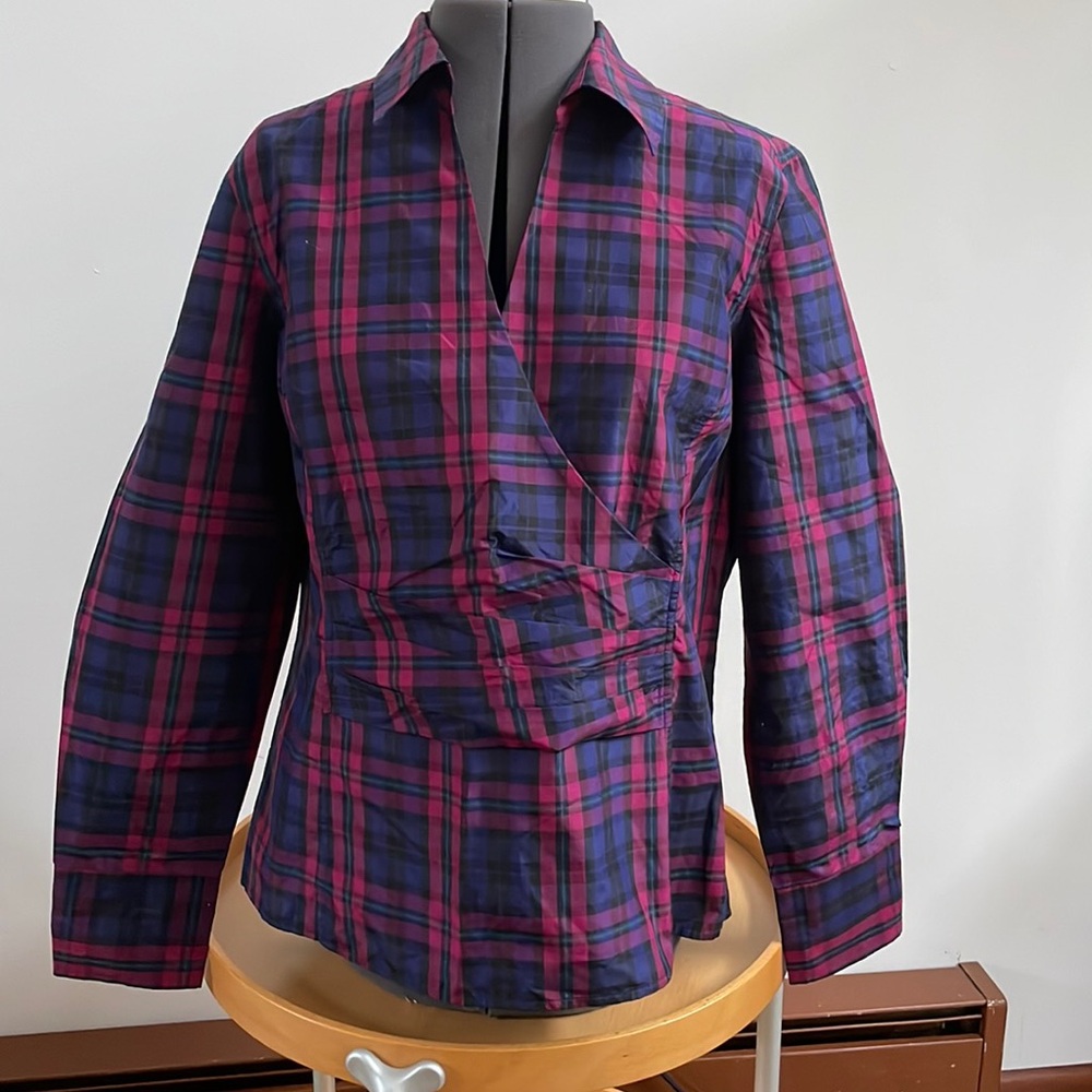 TALBOTS Silk/Cotton Blend Festive Tartan Blouse